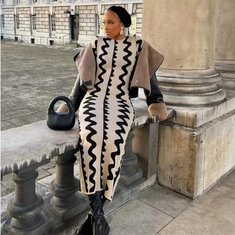 Robe Pull Longue Femme – Tricot Rayé Slim Bodycon Élégante pour l’Hiver | F-laglam.