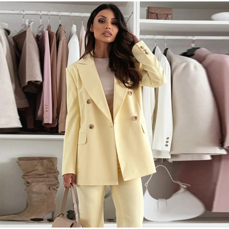 Tailleur Femme 2 Pièces Jaune Citron – Blazer Élégant Manches Longues & Pantalon Droit Taille Haute Printemps 2025 | F-laglam.