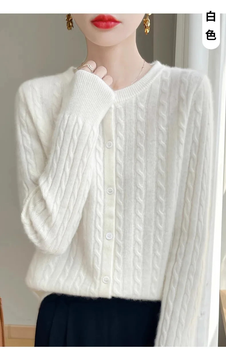 Cardigan Femme Blanc – Tricot Uni Col Rond Boutonné Manches Longues Automne Hiver 2025