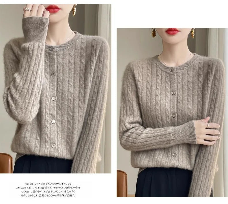 Cardigan Femme Blanc – Tricot Uni Col Rond Boutonné Manches Longues Automne Hiver 2025.