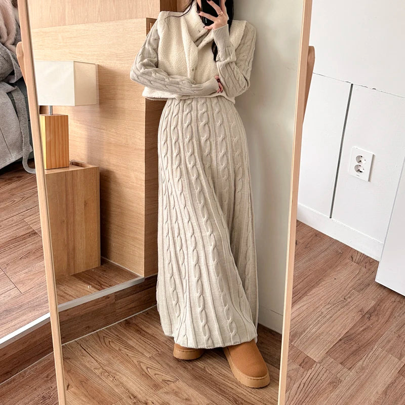 Robe pull longue femme hiver – maille torsadée chaude, coupe évasée élégante