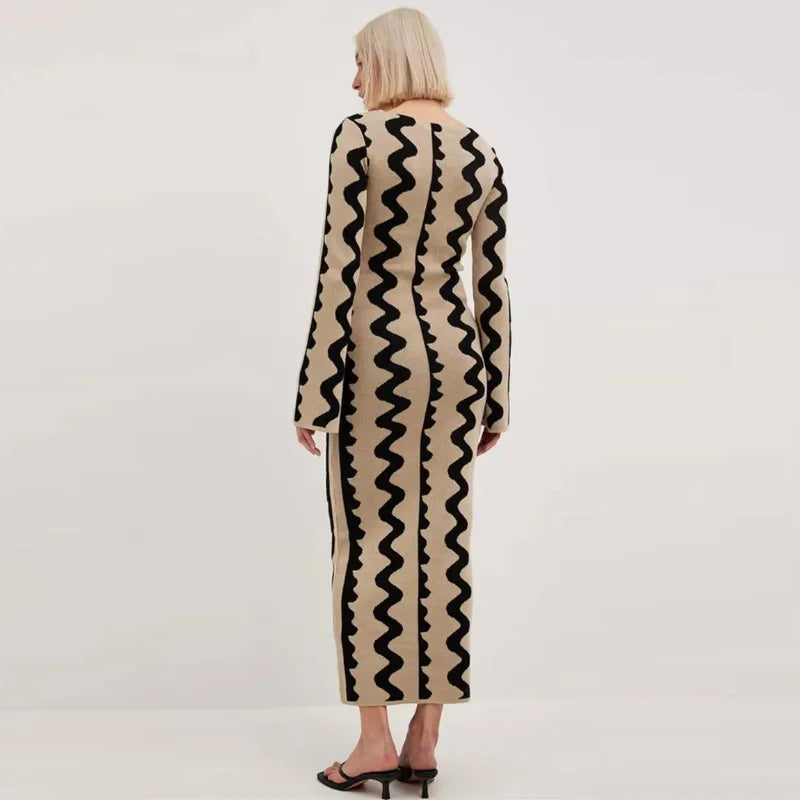 Robe Pull Longue Femme – Tricot Rayé Slim Bodycon Élégante pour l’Hiver | F-laglam.