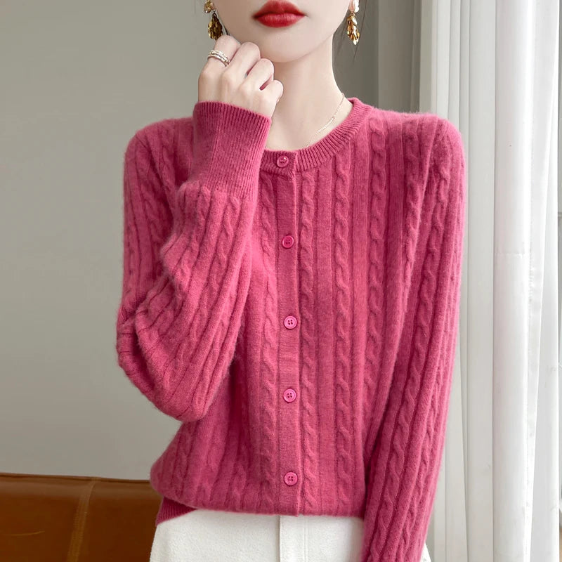 Cardigan Femme Blanc – Tricot Uni Col Rond Boutonné Manches Longues Automne Hiver 2025