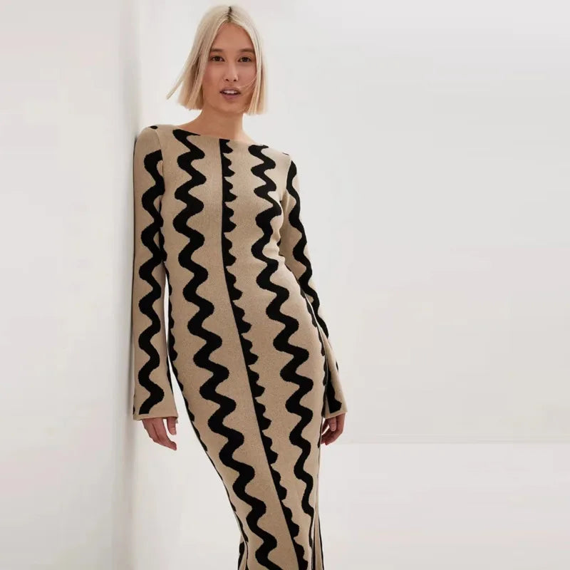 Robe Pull Longue Femme – Tricot Rayé Slim Bodycon Élégante pour l’Hiver | F-laglam.