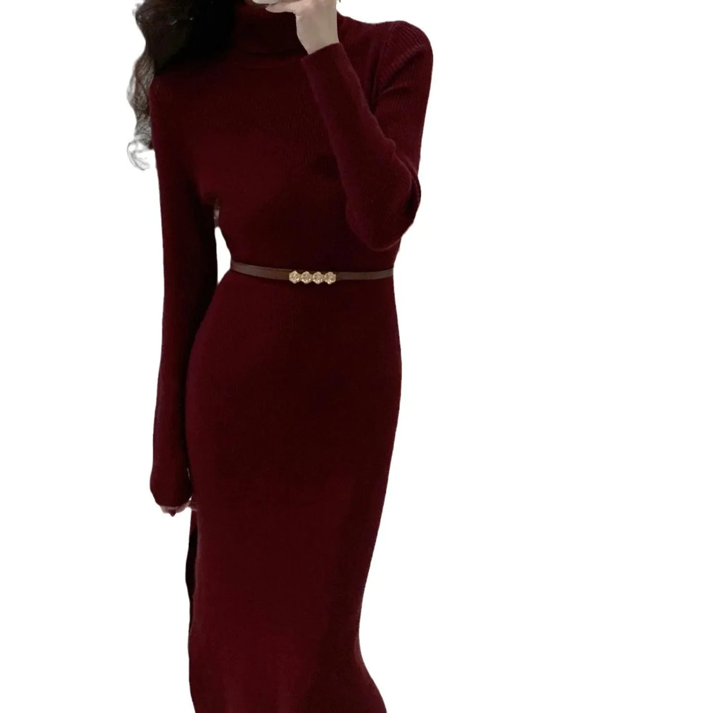 Robe Pull Femme Col Haut – Tricot Uni Élégant Style Chic Hiver 2025.