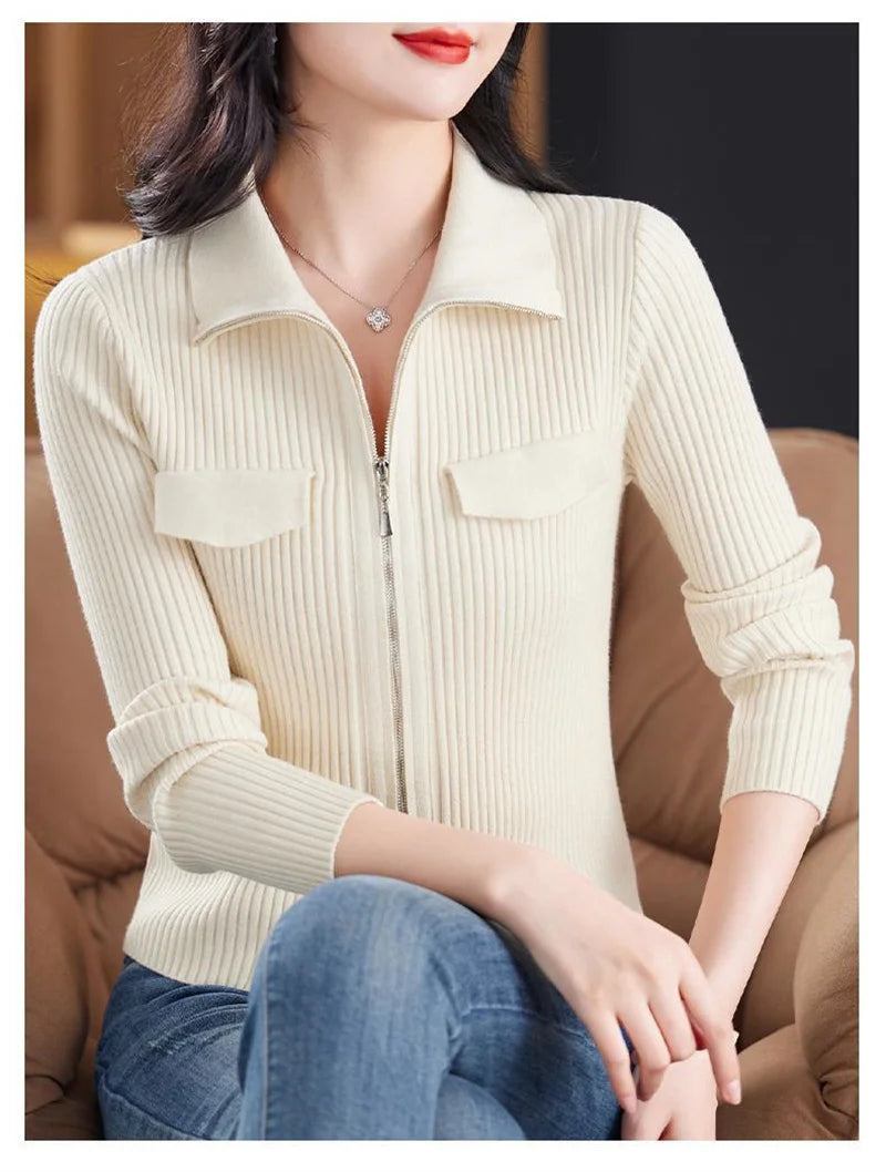 Cardigan Court Femme à Fermeture Zippée – Tricot Uni Col Revers Style Coréen Printemps Automne 2025.