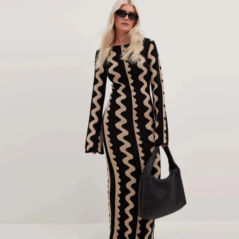 Robe Pull Longue Femme – Tricot Rayé Slim Bodycon Élégante pour l’Hiver | F-laglam.
