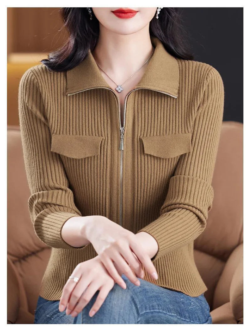 Cardigan Court Femme à Fermeture Zippée – Tricot Uni Col Revers Style Coréen Printemps Automne 2025.