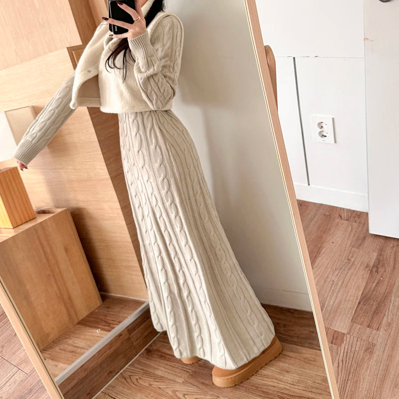 Robe pull longue femme hiver – maille torsadée chaude, coupe évasée élégante
