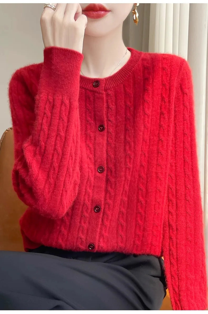 Cardigan Femme Blanc – Tricot Uni Col Rond Boutonné Manches Longues Automne Hiver 2025