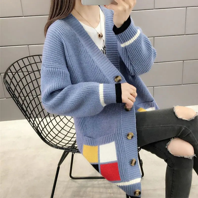 Cardigan Femme Mi-long – Manteau Tricoté Loose Style Coréen Printemps Automne.