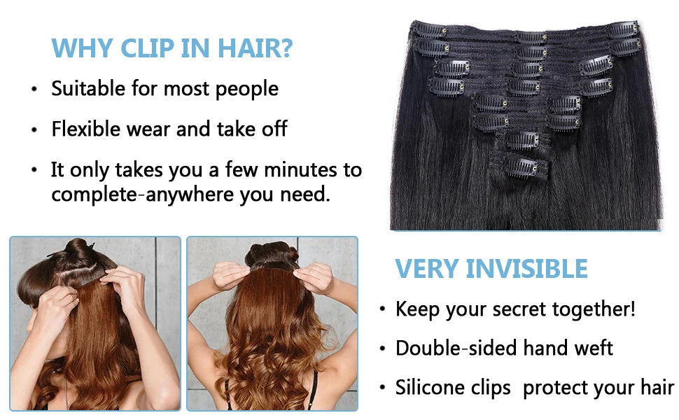 Extensions cheveux naturels brésiliens lisses – clips 100% Remy Human Hair