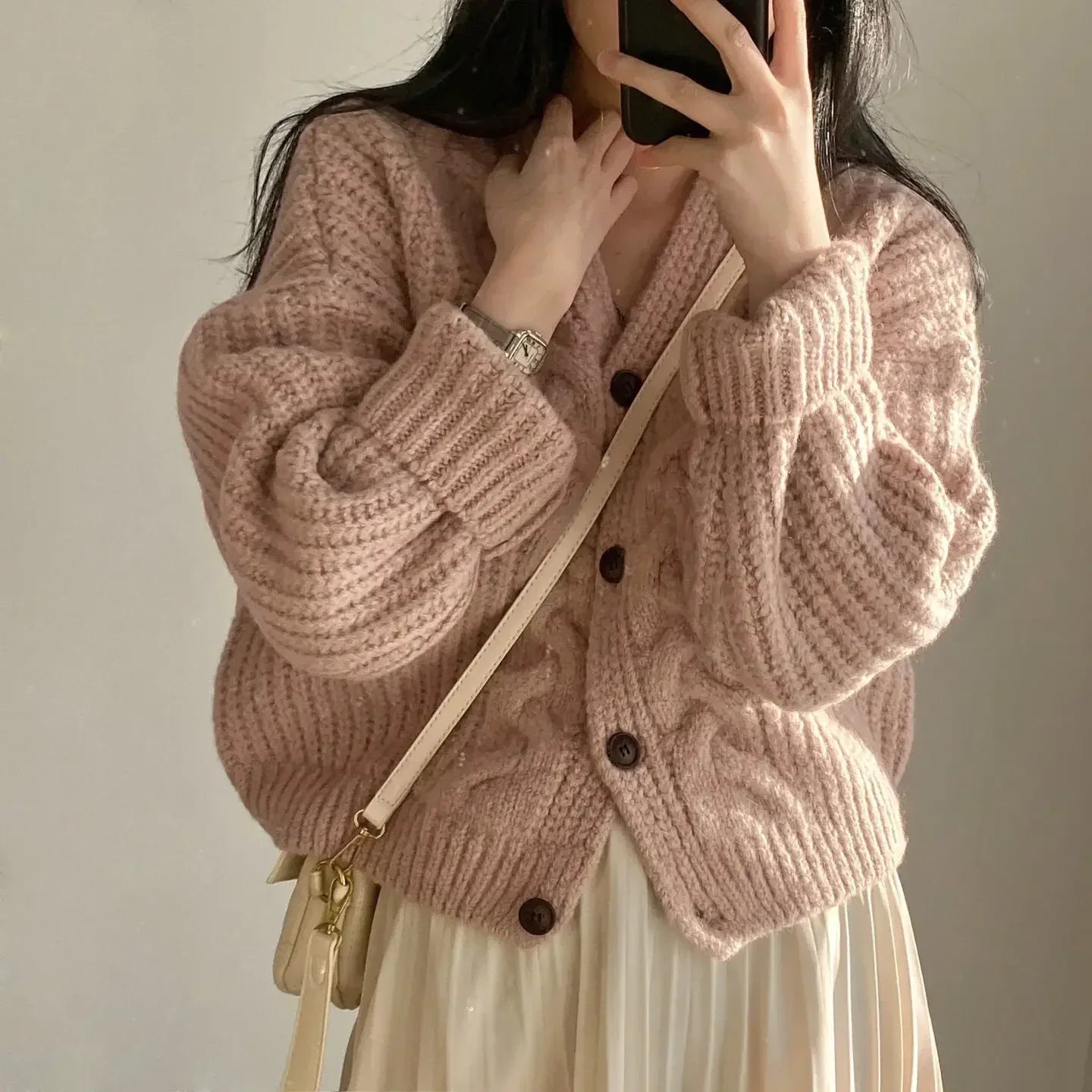 Cardigan Femme Torsadé Style Rétro Français – Tricot Loose Col V Décontracté Printemps.