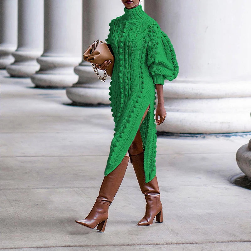 Robe Pull Femme Col Haut – Tricot Épais Fendu sur le Côté, Style Streetwear Élégant Automne Hiver.