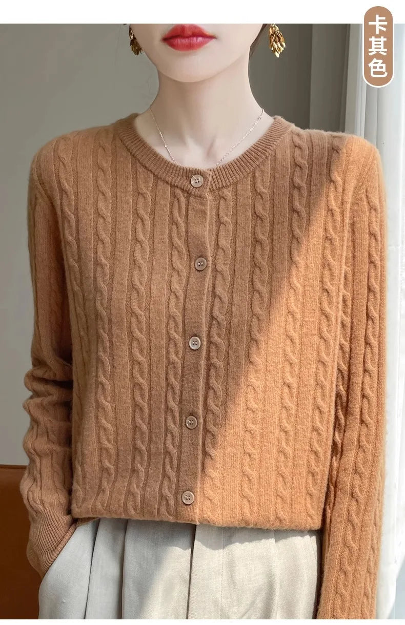 Cardigan Femme Blanc – Tricot Uni Col Rond Boutonné Manches Longues Automne Hiver 2025