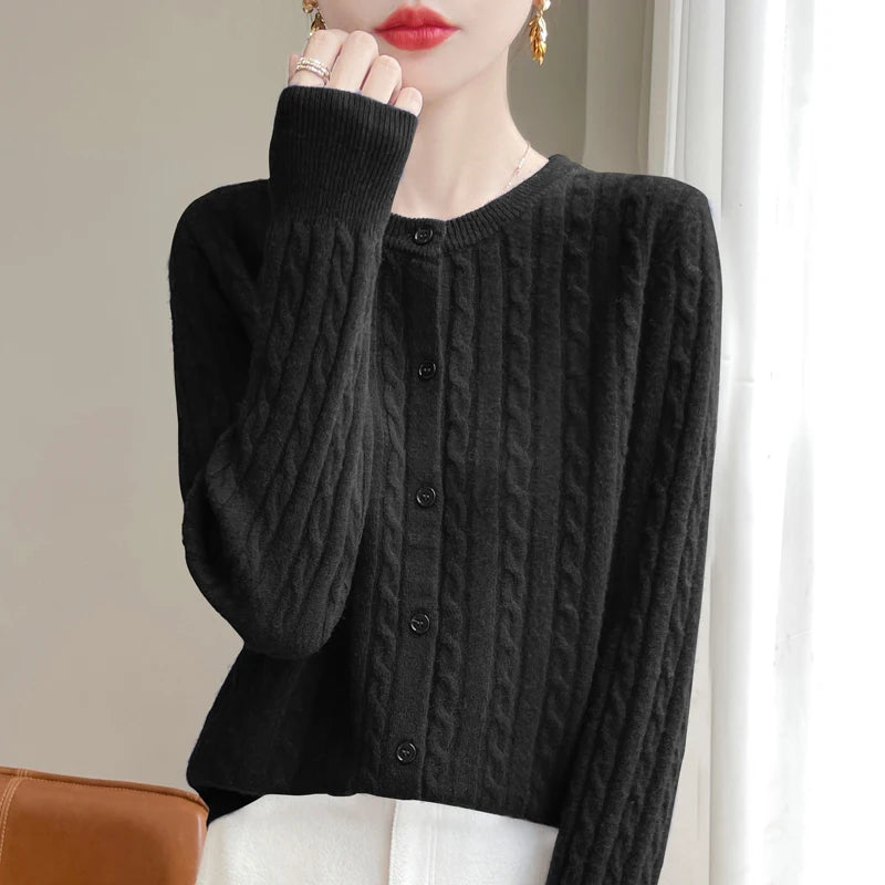 Cardigan Femme Blanc – Tricot Uni Col Rond Boutonné Manches Longues Automne Hiver 2025
