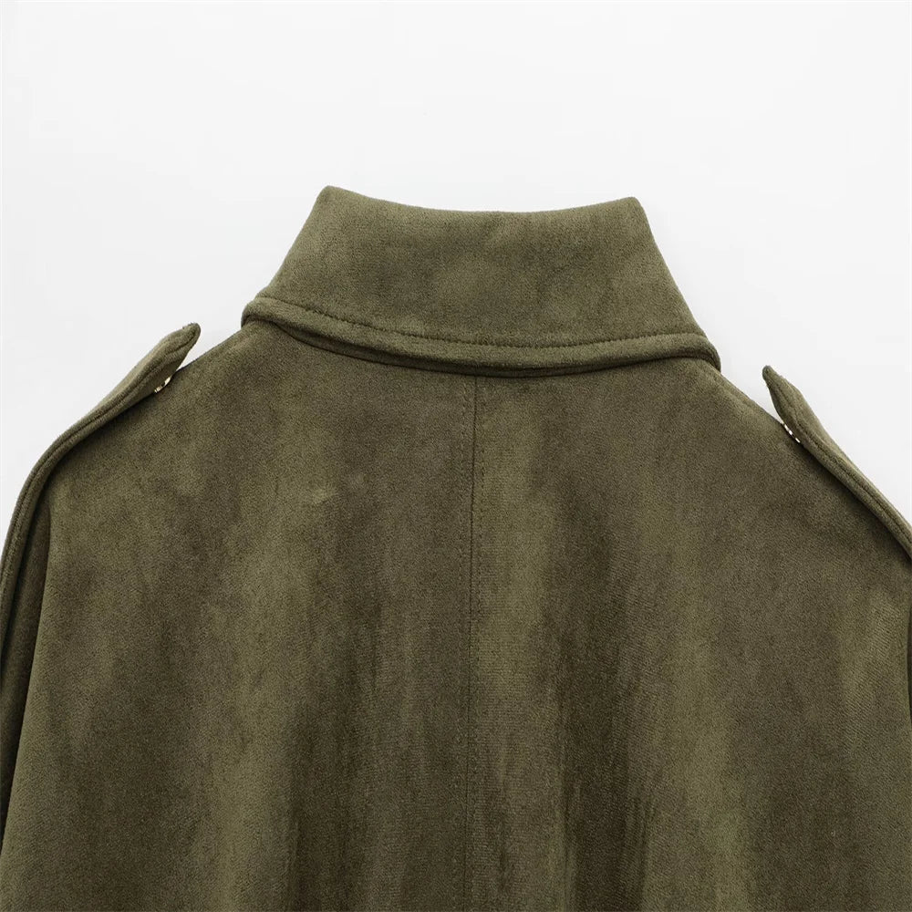 Veste Femme Suédine Synthétique PB&ZA 2025 – Coupe Ample Vert Olive