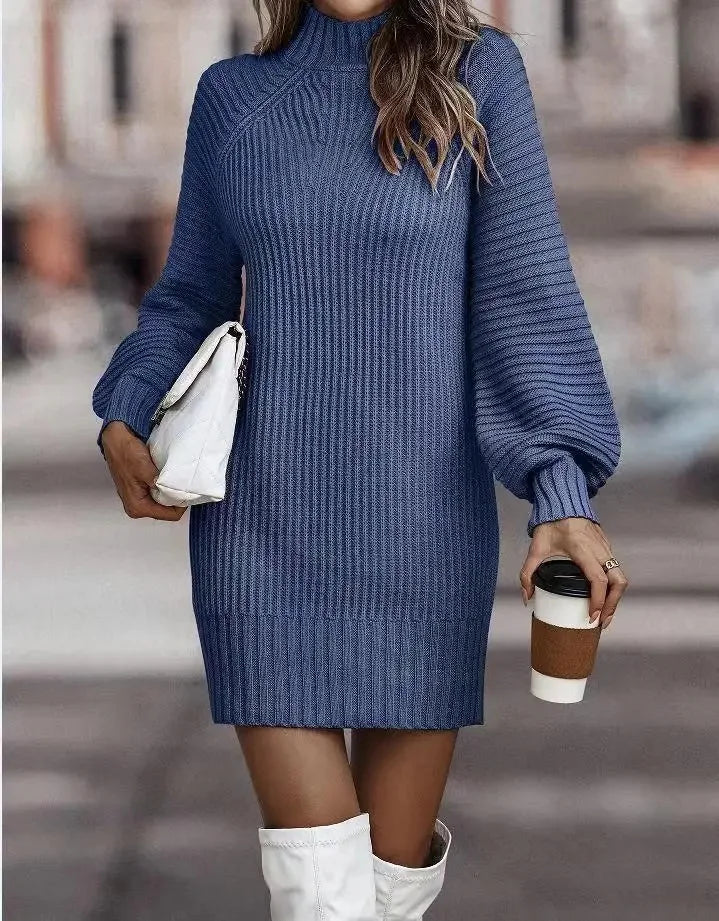 Robe pull femme à col montant et manches longues – automne/hiver élégante