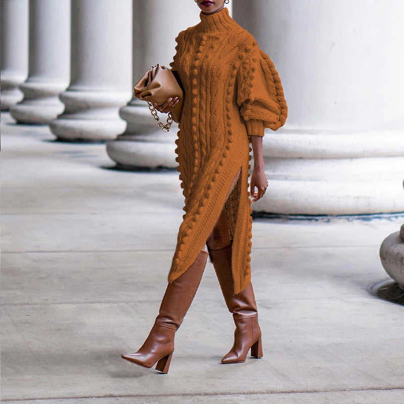 Robe Pull Femme Col Haut – Tricot Épais Fendu sur le Côté, Style Streetwear Élégant Automne Hiver.