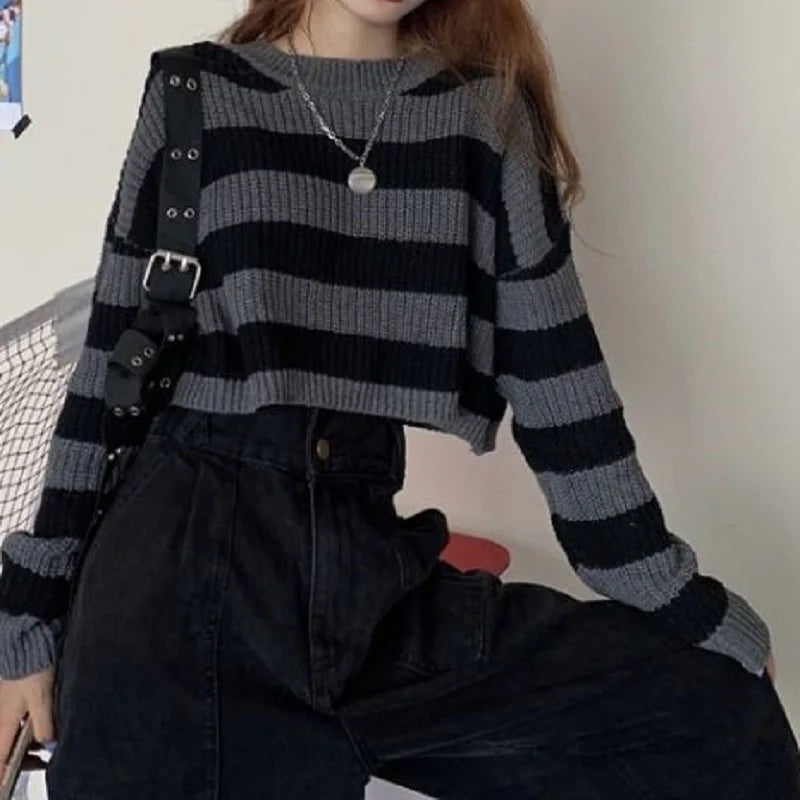 Pull Court Femme Rayé – Tricot Loose O-neck Streetwear Automne Hiver