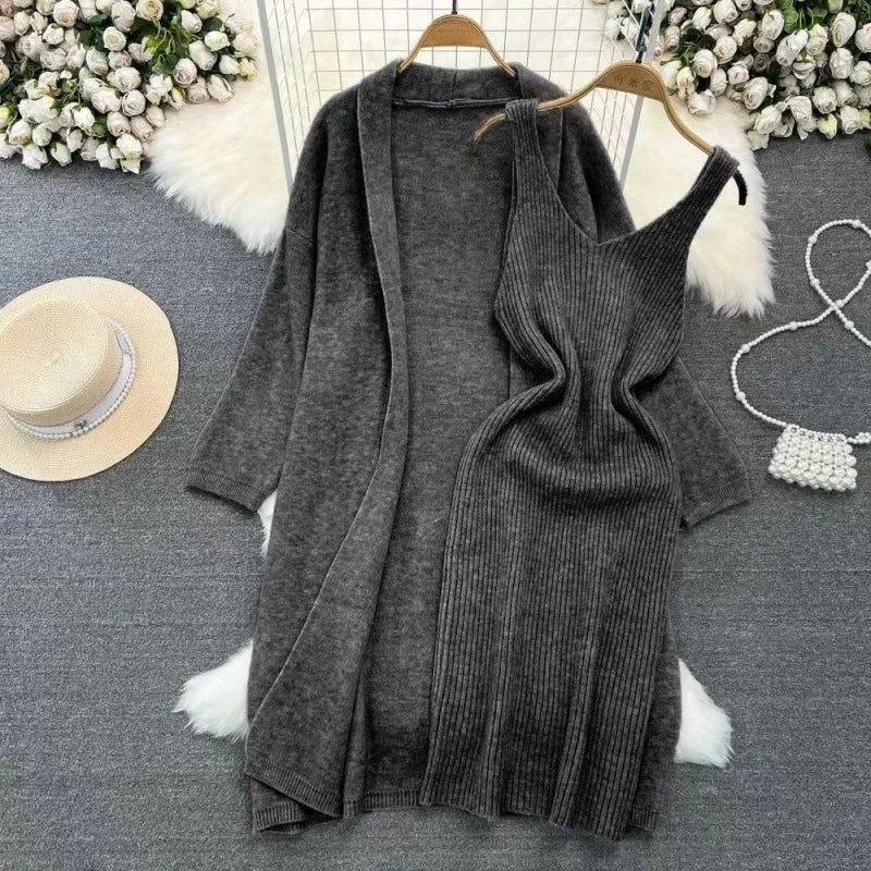 Ensemble robe pull et veste longue femme – style français printemps/automne 2024