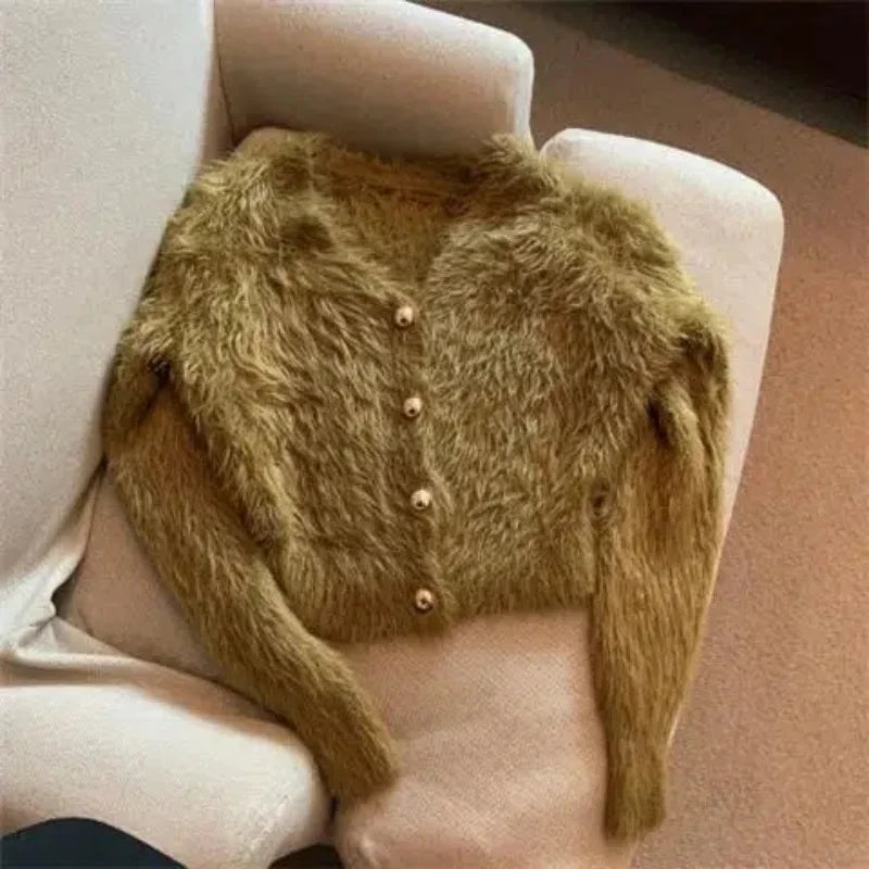 Cardigan Court Femme Y2K – Tricot Élastique en Fausse Fourrure Mink Fluffy, Slim & Sexy Streetwear Printemps Automne | F-laglam.