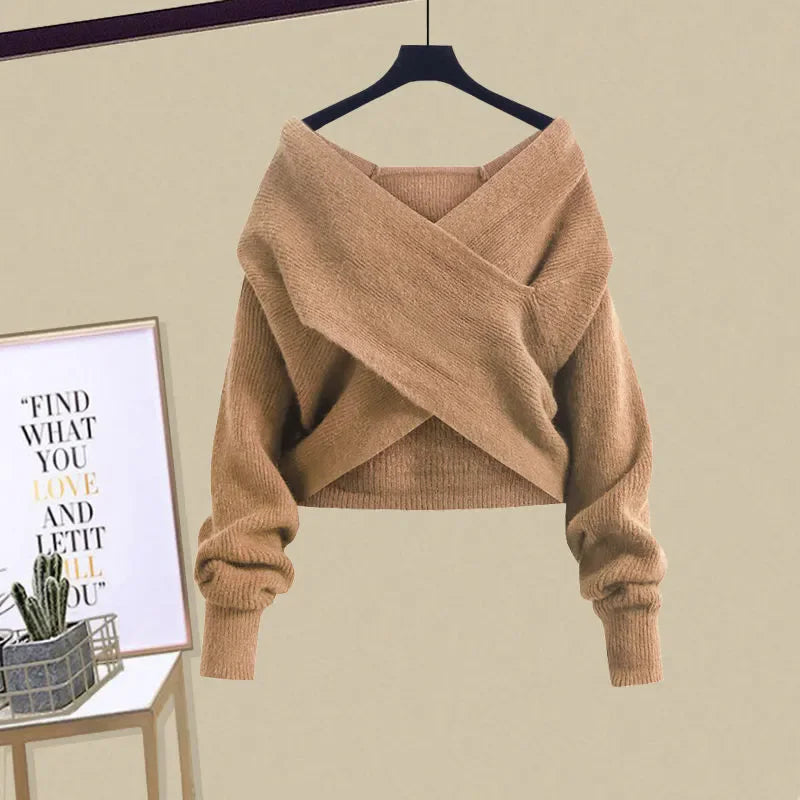 Ensemble Femme 2 Pièces – Pull Col V Tricoté & Jupe Taille Haute, Outfit Chic Coréen.