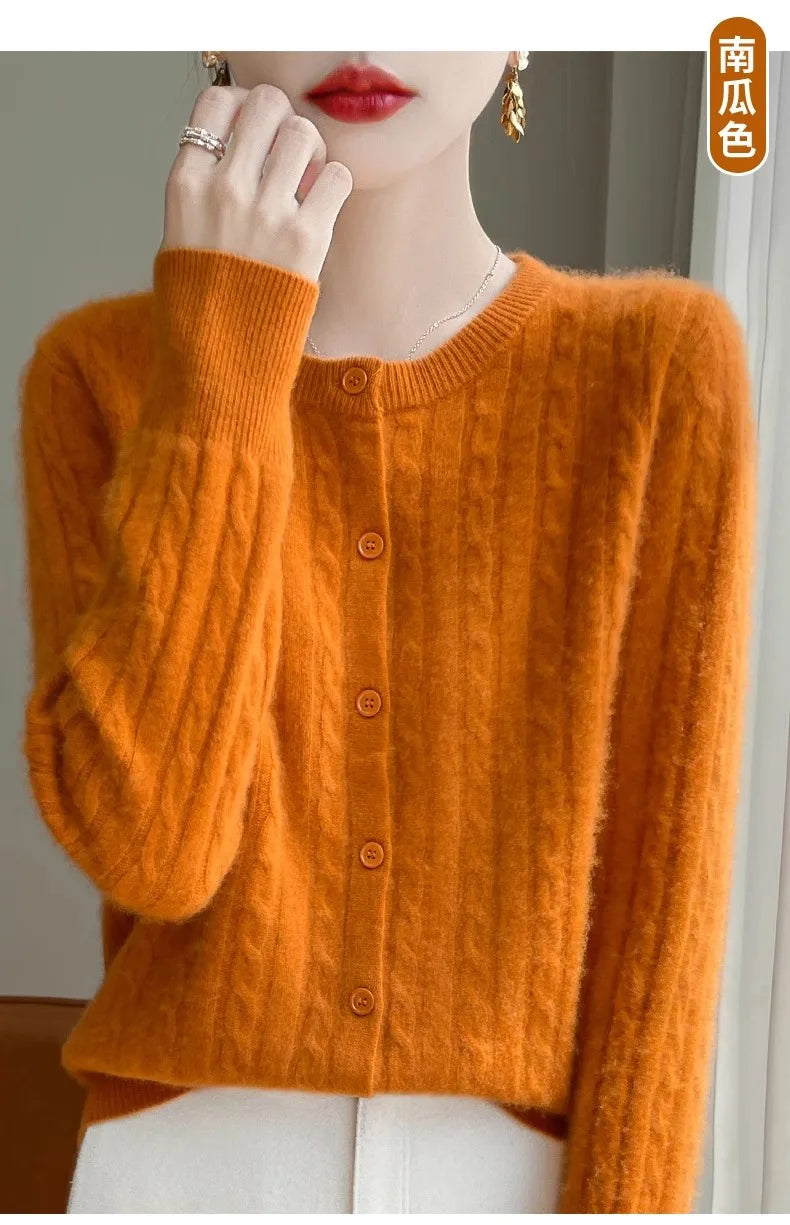 Cardigan Femme Blanc – Tricot Uni Col Rond Boutonné Manches Longues Automne Hiver 2025