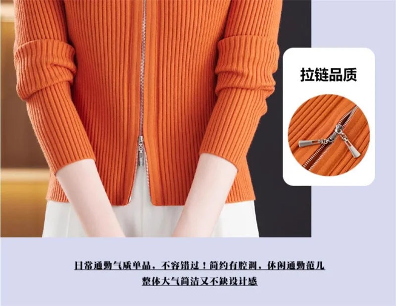 Cardigan Court Femme à Fermeture Zippée – Tricot Uni Col Revers Style Coréen Printemps Automne 2025.
