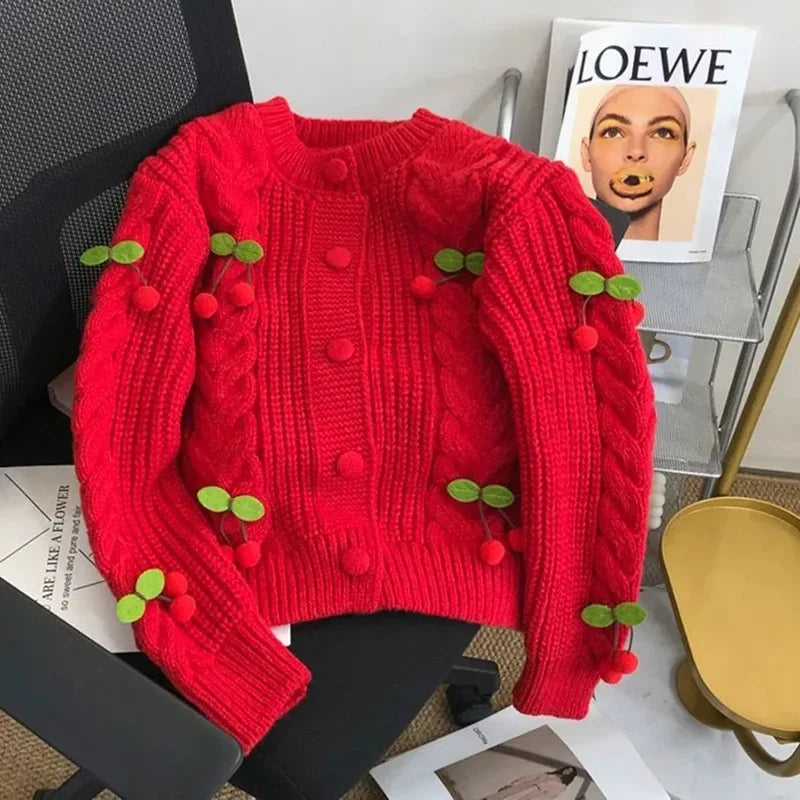 Cardigan Tricoté Femme avec Cerises 3D – Style Coréen Élégant Automne.