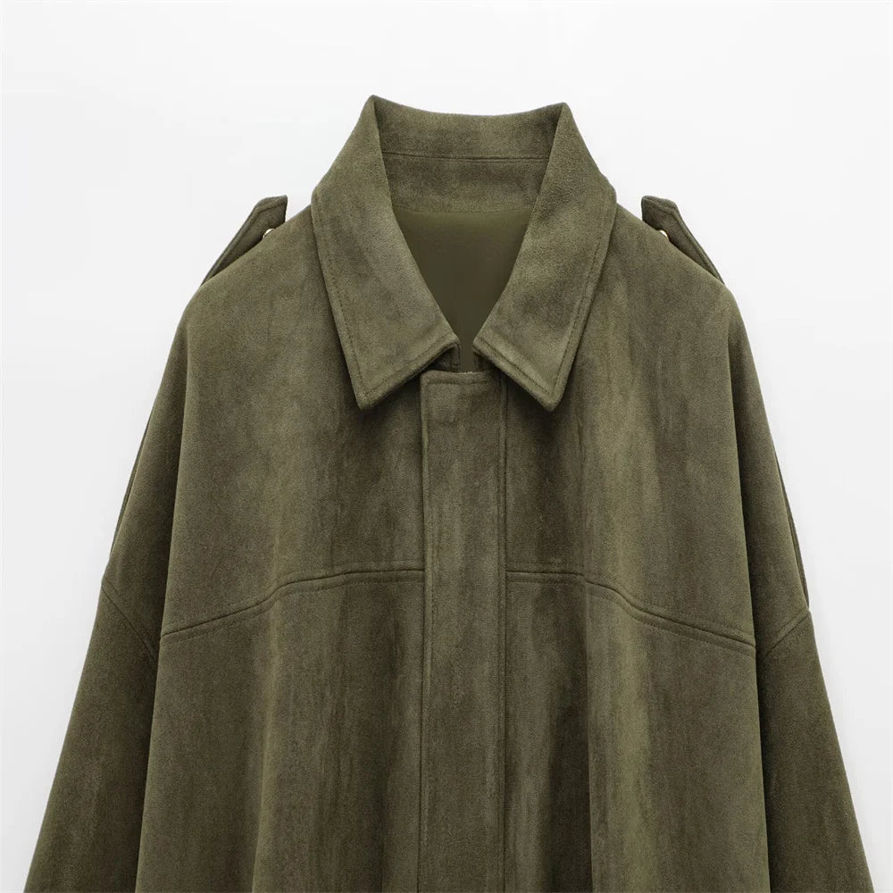 Veste Femme Suédine Synthétique PB&ZA 2025 – Coupe Ample Vert Olive