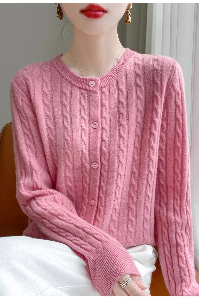 Cardigan Femme Blanc – Tricot Uni Col Rond Boutonné Manches Longues Automne Hiver 2025.