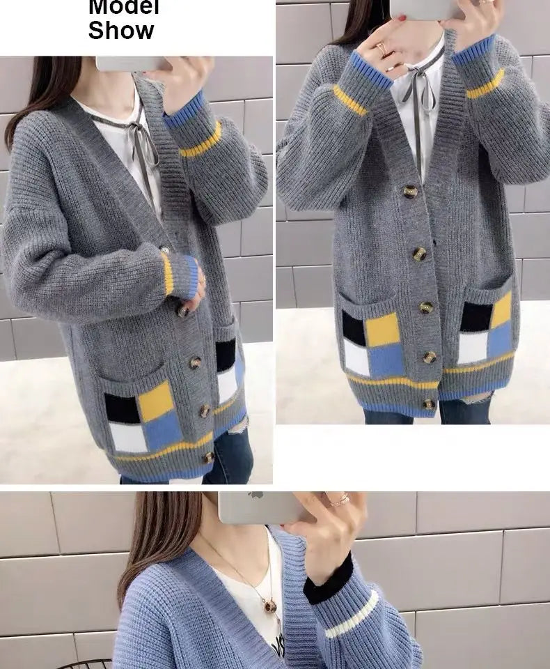 Cardigan Femme Mi-long – Manteau Tricoté Loose Style Coréen Printemps Automne.