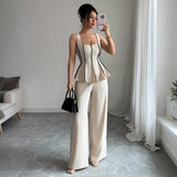 Ensemble Femme 2 Pièces – Top Sans Manches à Volants & Pantalon Large Taille Haute, Style Y2K Streetwear Chic | F-lagam.