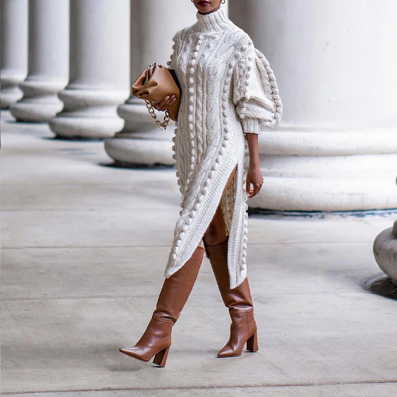 Robe Pull Femme Col Haut – Tricot Épais Fendu sur le Côté, Style Streetwear Élégant Automne Hiver.