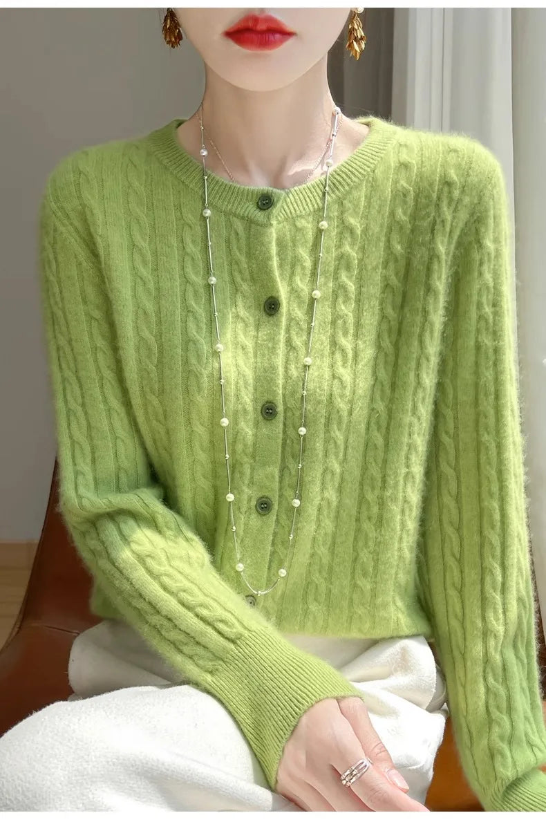 Cardigan Femme Blanc – Tricot Uni Col Rond Boutonné Manches Longues Automne Hiver 2025