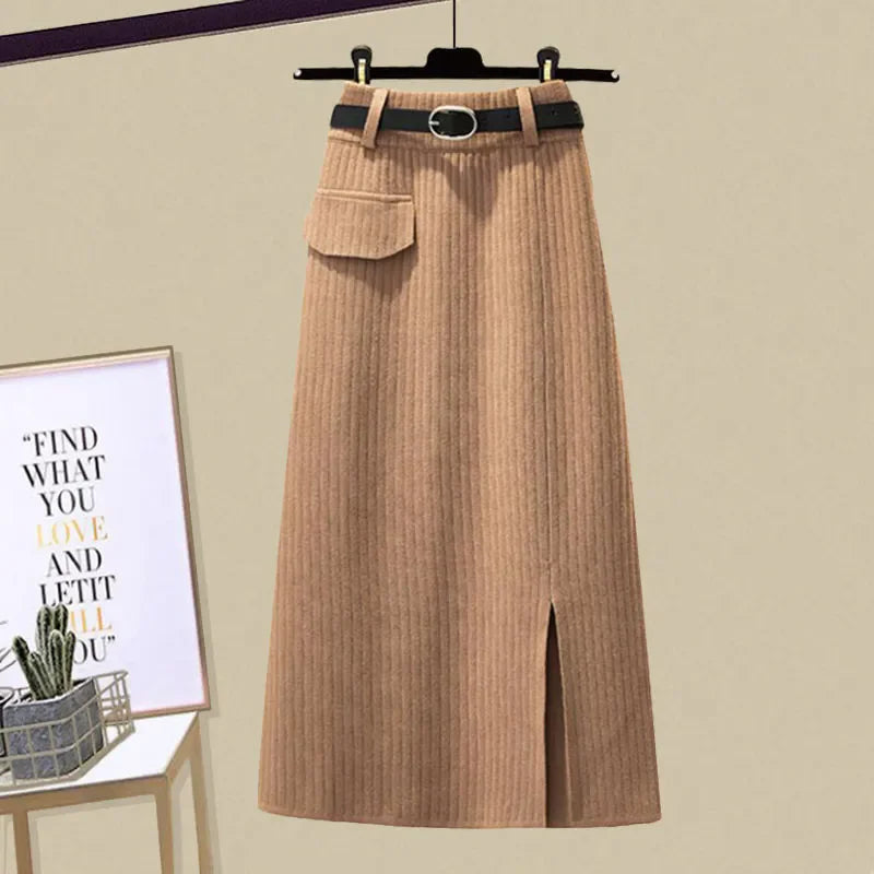 Ensemble Femme 2 Pièces – Pull Col V Tricoté & Jupe Taille Haute, Outfit Chic Coréen.