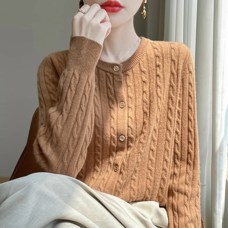 Cardigan Femme Blanc – Tricot Uni Col Rond Boutonné Manches Longues Automne Hiver 2025