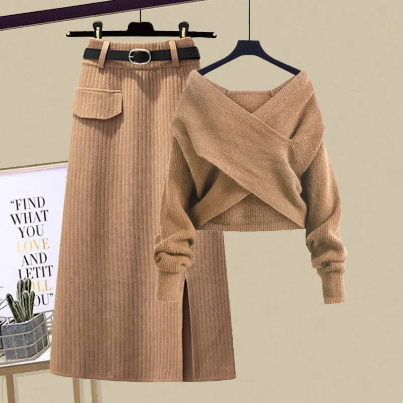 Ensemble Femme 2 Pièces – Pull Col V Tricoté & Jupe Taille Haute, Outfit Chic Coréen.