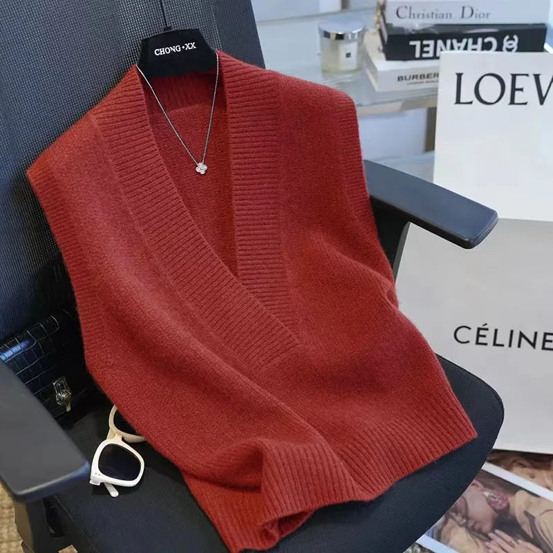 Gilet Pull Femme Sans Manches – Tricot Col V Uni Décontracté Automne Hiver
