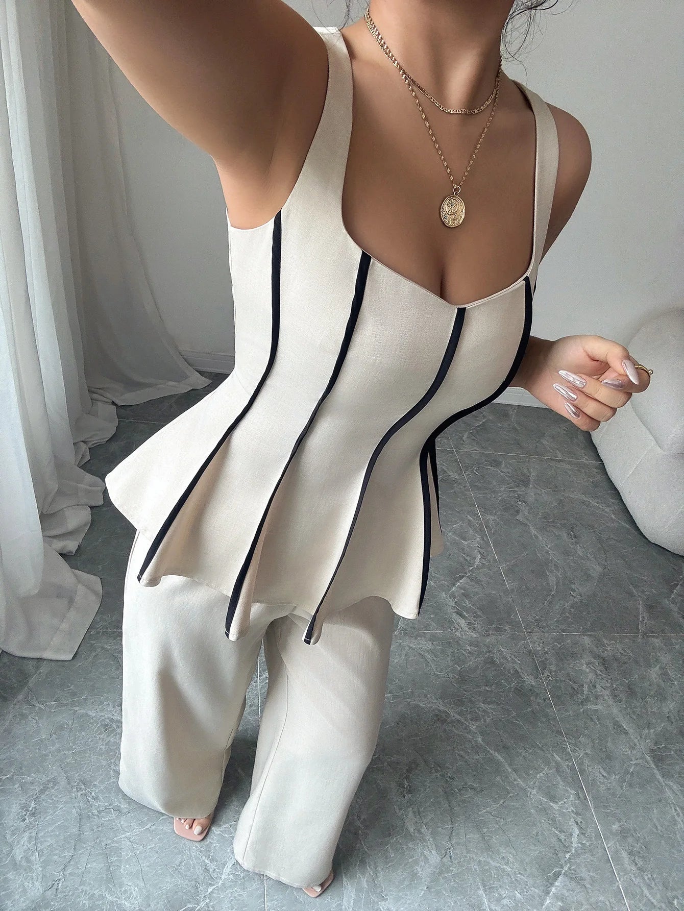 Ensemble Femme 2 Pièces – Top Sans Manches à Volants & Pantalon Large Taille Haute, Style Y2K Streetwear Chic | F-lagam.