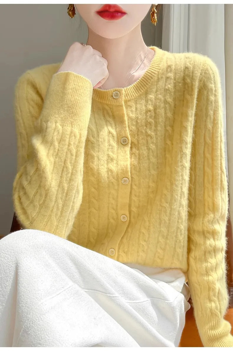 Cardigan Femme Blanc – Tricot Uni Col Rond Boutonné Manches Longues Automne Hiver 2025