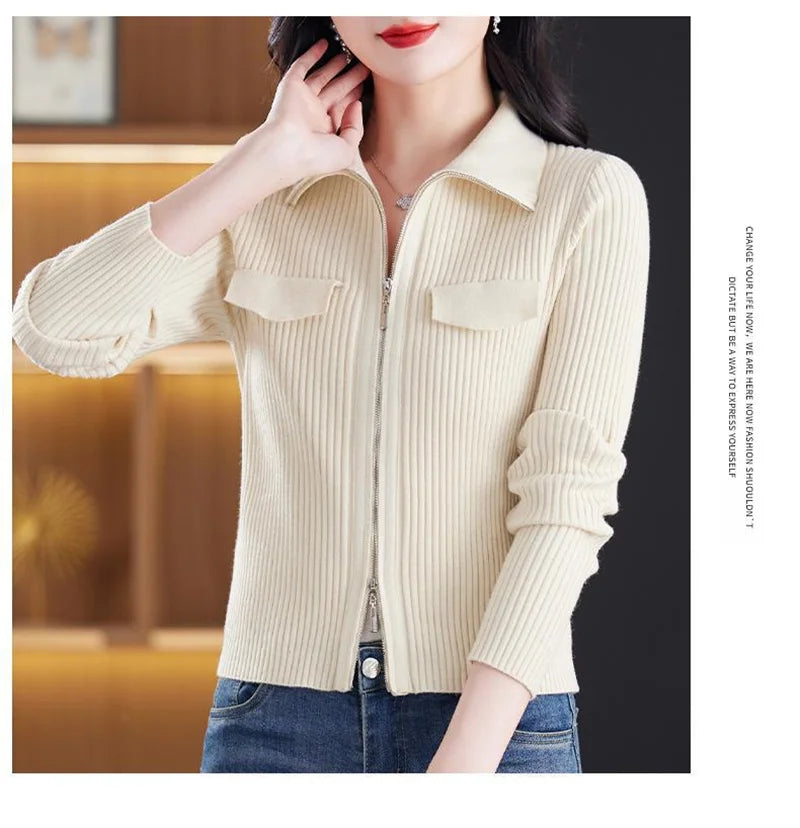 Cardigan Court Femme à Fermeture Zippée – Tricot Uni Col Revers Style Coréen Printemps Automne 2025.
