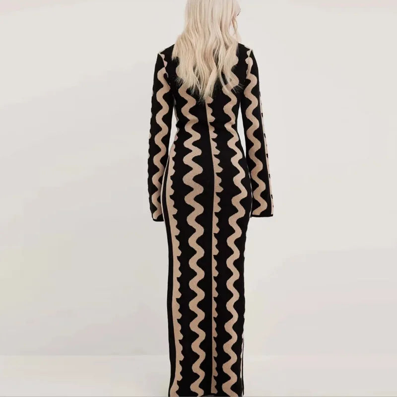 Robe Pull Longue Femme – Tricot Rayé Slim Bodycon Élégante pour l’Hiver | F-laglam.