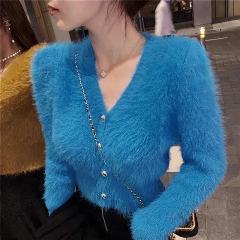 Cardigan Court Femme Y2K – Tricot Élastique en Fausse Fourrure Mink Fluffy, Slim & Sexy Streetwear Printemps Automne | F-laglam.