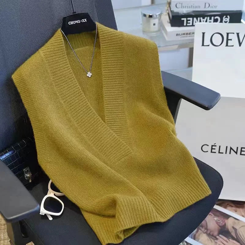 Gilet Pull Femme Sans Manches – Tricot Col V Uni Décontracté Automne Hiver