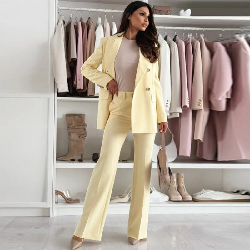 Tailleur Femme 2 Pièces Jaune Citron – Blazer Élégant Manches Longues & Pantalon Droit Taille Haute Printemps 2025 | F-laglam.