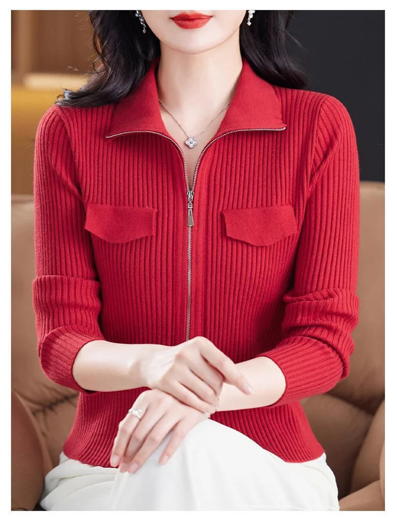 Cardigan Court Femme à Fermeture Zippée – Tricot Uni Col Revers Style Coréen Printemps Automne 2025.