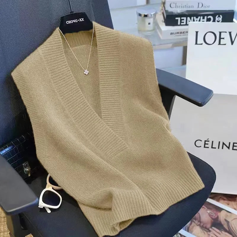 Gilet Pull Femme Sans Manches – Tricot Col V Uni Décontracté Automne Hiver