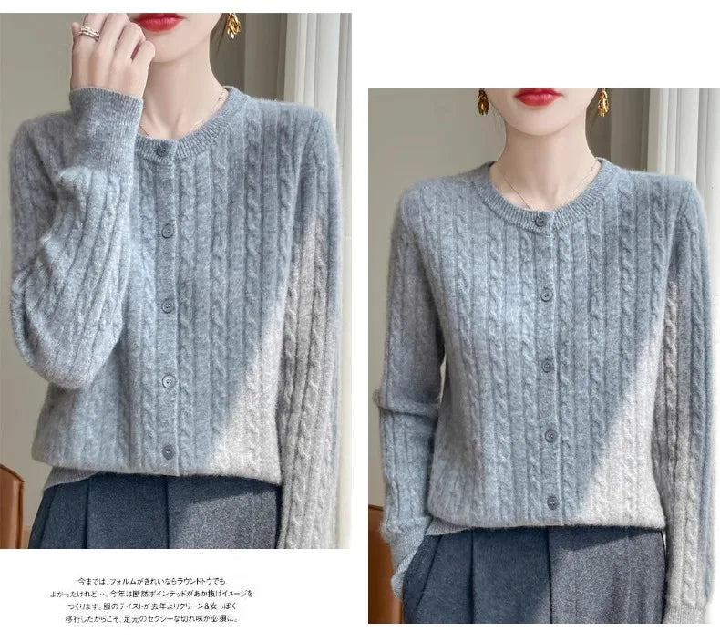 Cardigan Femme Blanc – Tricot Uni Col Rond Boutonné Manches Longues Automne Hiver 2025